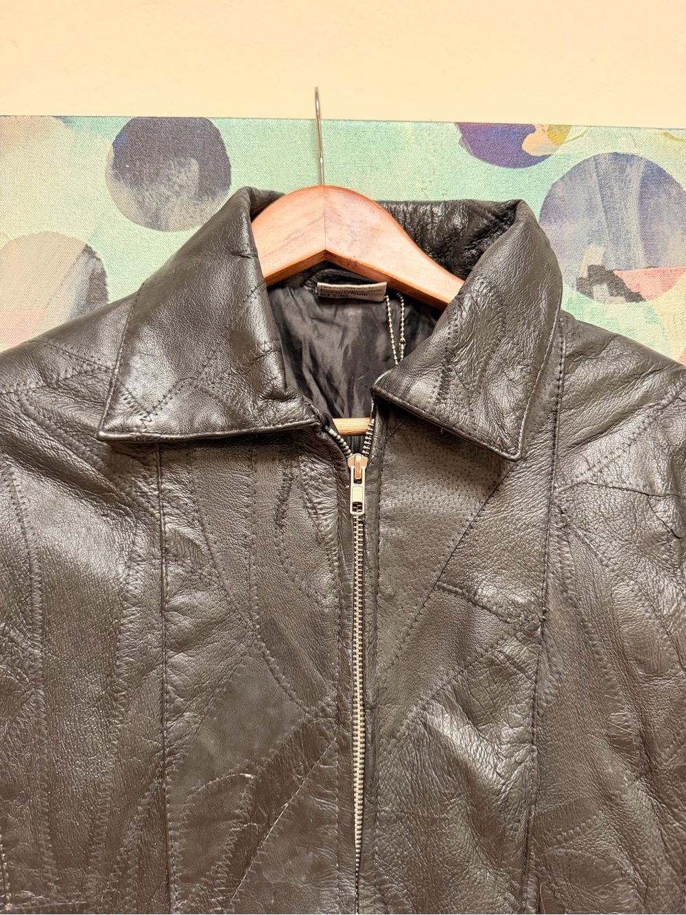 FLIGHT PATH Patchwork Leather Bomber Motorcycle Jacket Mens Size S Black - Picture 8 of 13